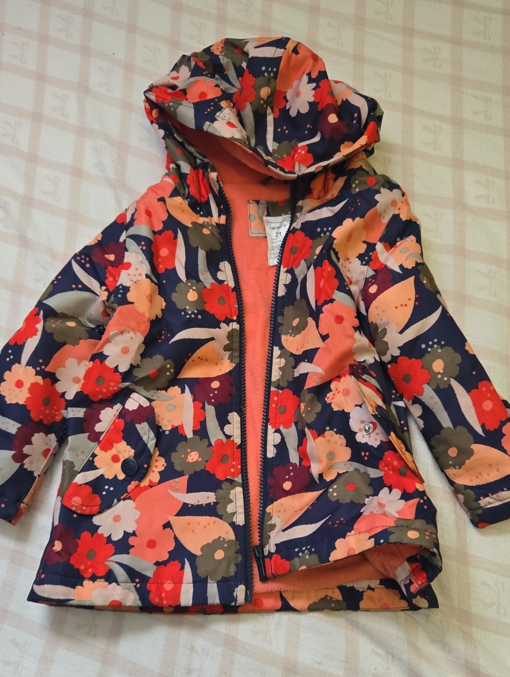Kids Floral Hooded Jacket - Navy & Coral